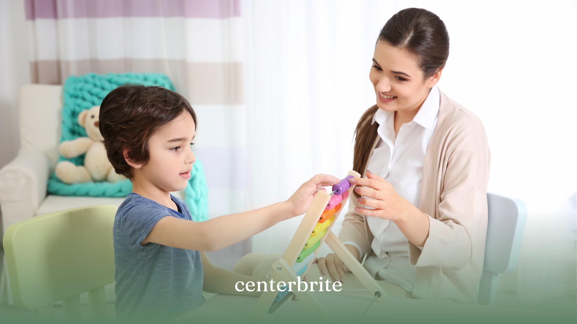 A kid and a BCBA playing with wooden toys together during ABA therapy